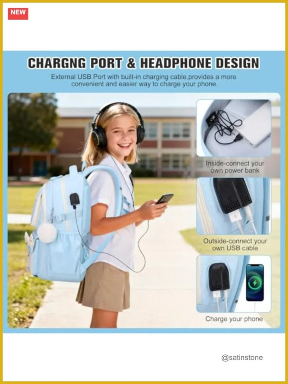Cute Bow Backpack Set with Lunch Bag & Pen Case, USB Charging Port